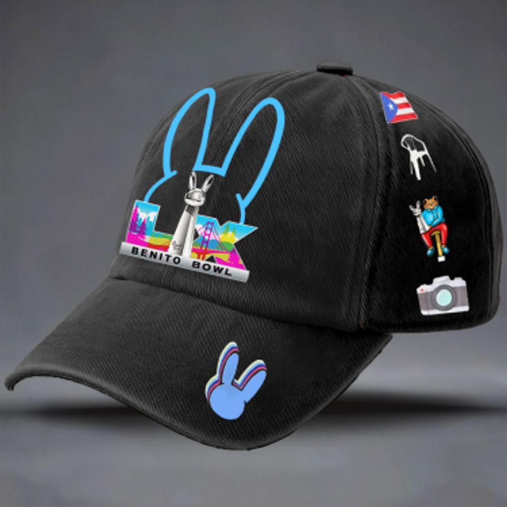 1 Black Baseball Cap with 'BENITO BOWL' Graphic | White Microphone & Blue Bunny Ears, Puerto Rican Flag, Silhouette, Cartoon Figure, Camera Icon on Side, Blue Bunny Ear Brim - Stylish Trendy Hat for Fans & Collectors, Knit Fa
