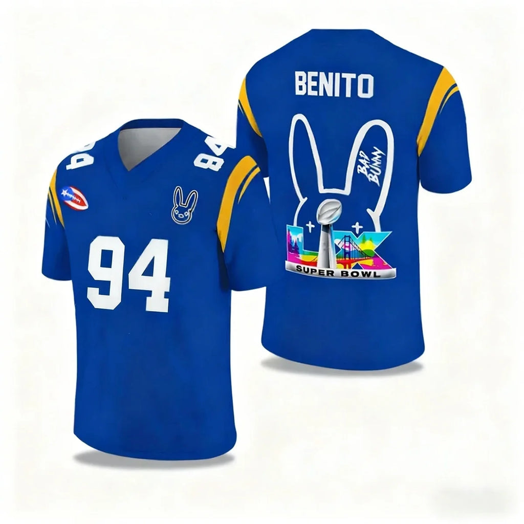 Bad Bunny Halftime Show Benito No.94 Print Rugby Jersey American Sports Tee V-neck Speed Drying Sportswear Kid's Adult T-shirt