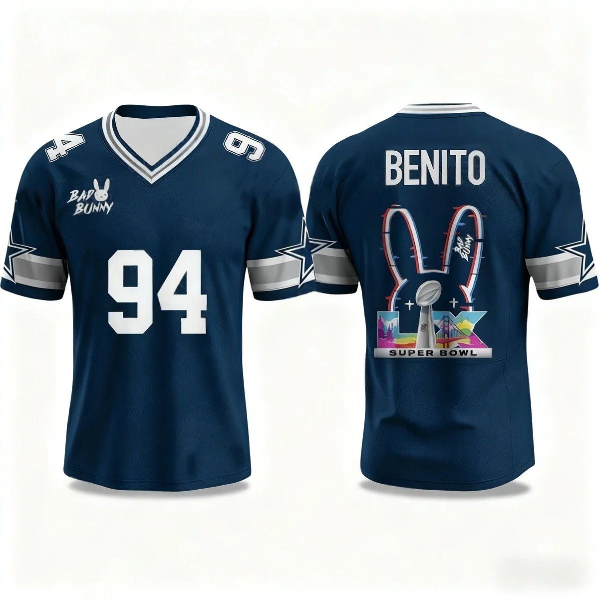 Bad Bunny Halftime Show Benito No.94 Print Rugby Jersey American Sports Tee V-neck Speed Drying Sportswear Kid's Adult T-shirt