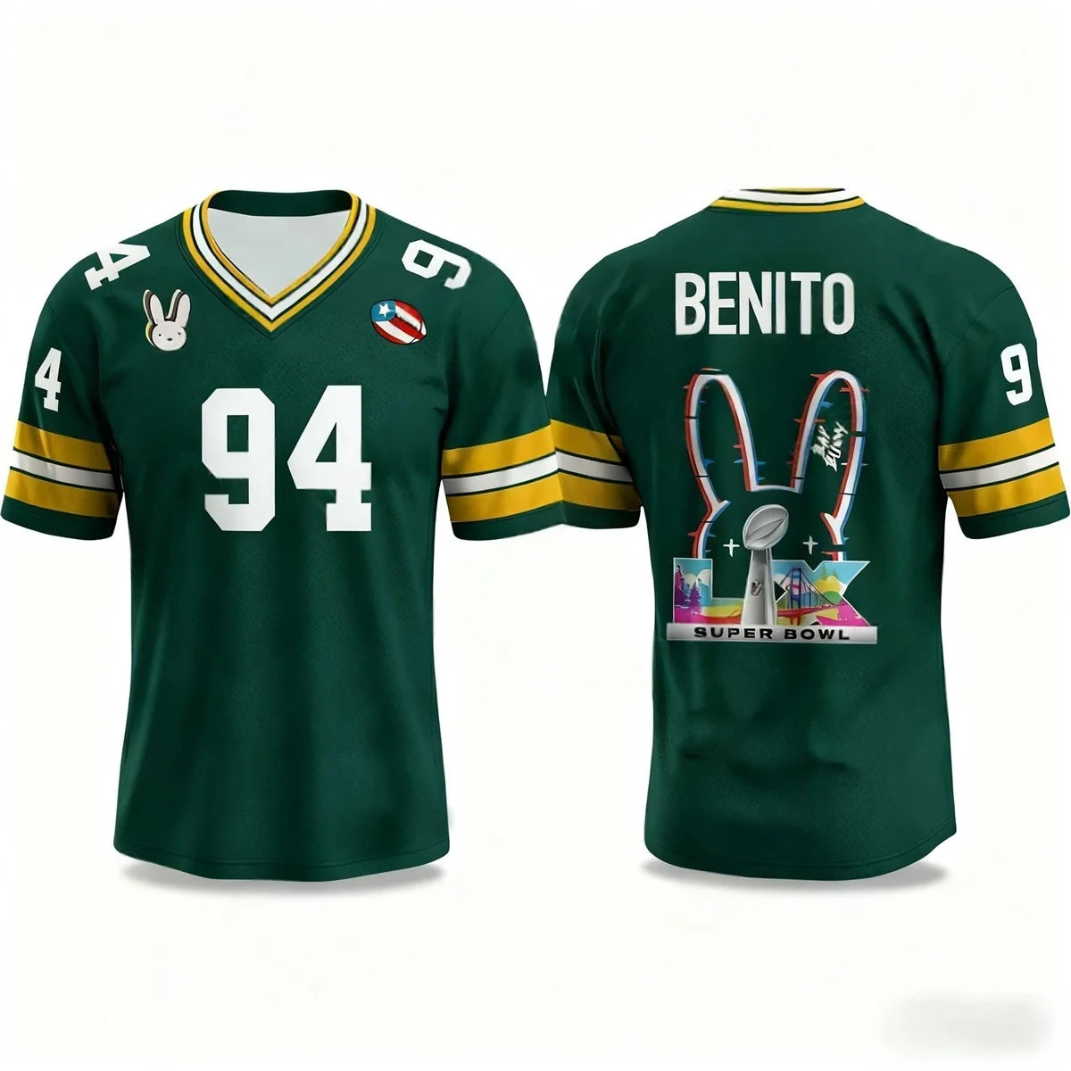 Bad Bunny Halftime Show Benito No.94 Print Rugby Jersey American Sports Tee V-neck Speed Drying Sportswear Kid's Adult T-shirt