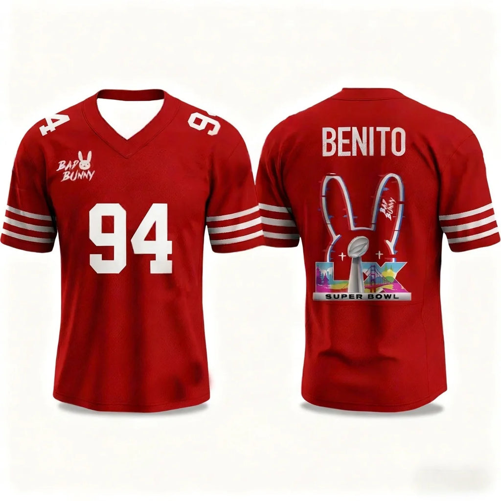 Bad Bunny Halftime Show Benito No.94 Print Rugby Jersey American Sports Tee V-neck Speed Drying Sportswear Kid's Adult T-shirt