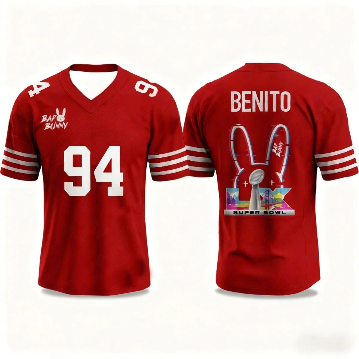 Bad Bunny Halftime Show Benito No.94 Print Rugby Jersey American Sports Tee V-neck Speed Drying Sportswear Kid's Adult T-shirt