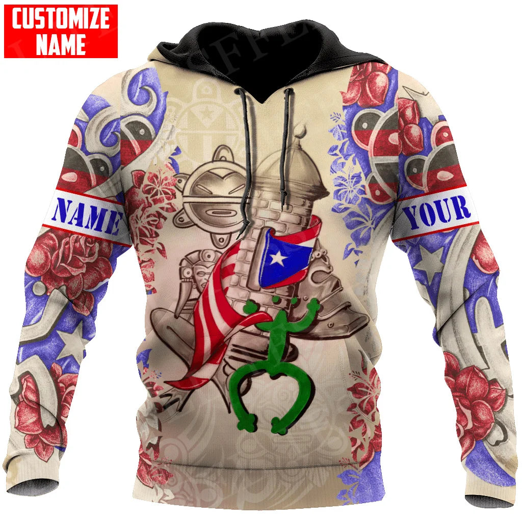 Custom Name Puerto Rico Boricua Borikén Tattoo Retro Tracksuit Vintage 3DPrint Harajuku Casual Funny Pullover Jacket Hoodies X24