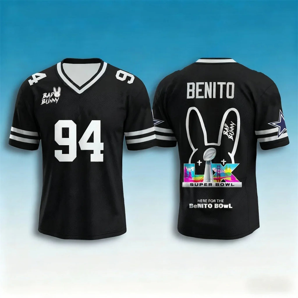 Bad Bunny Halftime Show Benito No.94 Print Rugby Jersey American Sports Tee V-neck Speed Drying Sportswear Kid's Adult T-shirt
