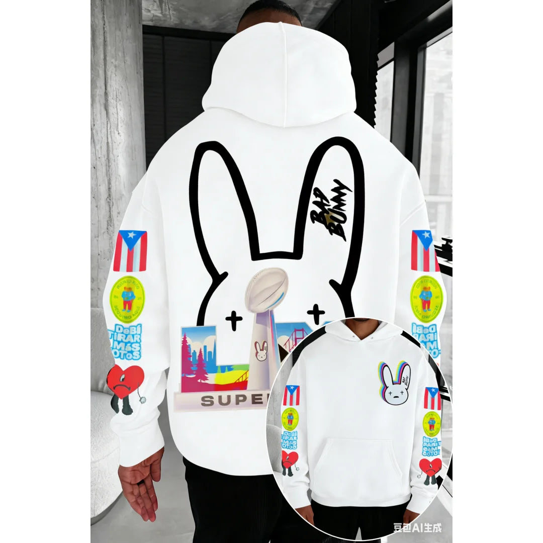 2026 Men's Puerto Rico Print Hoodie Bad Bunny Super Bowl American Rugby Benito 94 Jersey Music Lover Printed Women's Hoodie