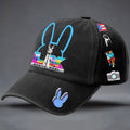 1 Black Baseball Cap with 'BENITO BOWL' Graphic | White Microphone & Blue Bunny Ears, Puerto Rican Flag, Silhouette, Cartoon Figure, Camera Icon on Side, Blue Bunny Ear Brim - Stylish Trendy Hat for Fans & Collectors, Knit Fa